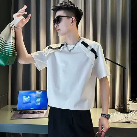 重磅潮牌痞帅短袖t恤夏季个性设计潮男发型师半袖上衣插肩袖体恤商品大图