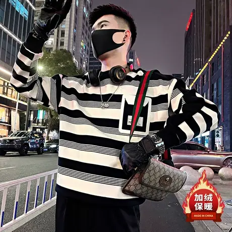 设计感撞色条纹加绒卫衣男秋冬新款ins韩版休闲加厚轻熟打底上衣商品大图