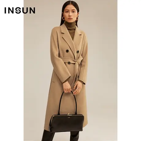 COVER冬季浅驼色插肩双排扣毛呢大衣商品大图