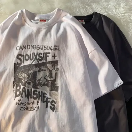 潮流美式复古印花短袖T恤男夏季情侣宽松做旧设计感vintage半截袖商品大图