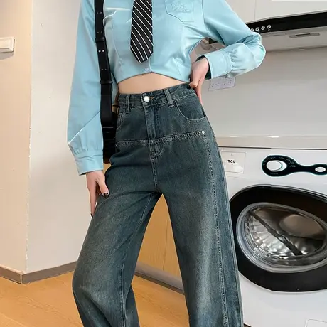 复古阔腿裤牛仔裤女2024年春秋新款宽松高腰显瘦小个子垂感直筒裤图片
