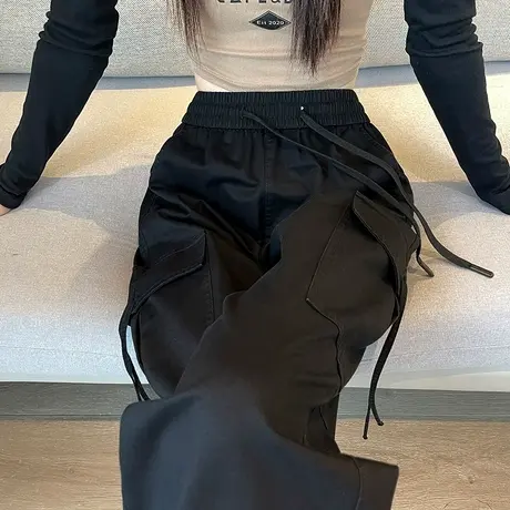 黑色直筒束脚工装裤女春秋新款高腰显瘦登山小个子美式休闲运动裤图片