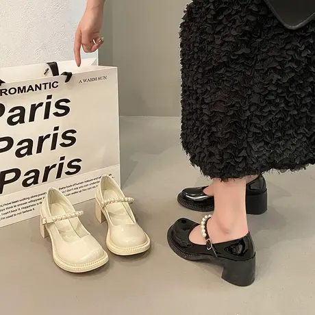 伴娘鞋温柔高跟白色小皮鞋女2024新款复古粗跟珍珠玛丽珍单鞋秋季商品大图