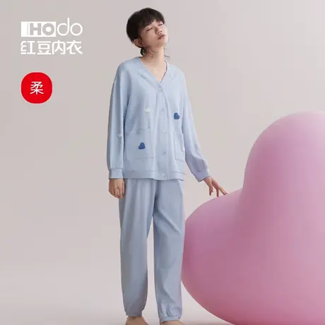 红豆女士睡衣棉质春秋季2023年新款长袖长裤V领开襟家居服套装女商品大图