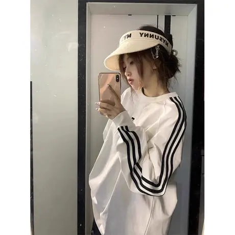 国潮牌三条杠长袖t恤女春秋薄款2023新款宽松设计感小众早秋上衣商品大图