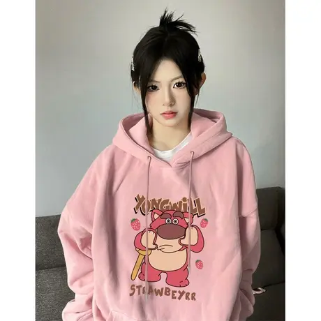 oversize小熊连帽卫衣女春秋薄款宽松慵懒风上衣秋冬加绒加厚外套图片
