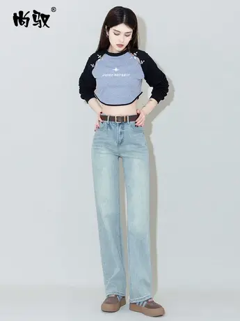 蓝色弹力高腰牛仔直筒裤女2024年春季新款韩版拖地裤复古磨白女裤图片