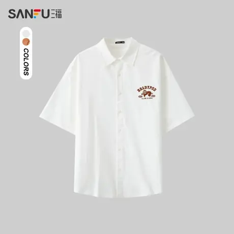 三福2024夏季男士胸口绣花短衬衫 休闲美式落肩翻领上衣483244图片