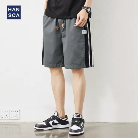 汉斯卡宽松直筒短裤男夏季薄款外穿五分裤加肥加大条纹运动中裤男商品大图