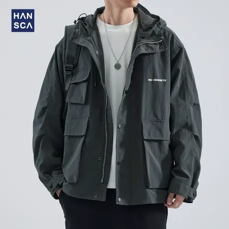 hansca美式潮牌翻领外套男士秋季户外防风防水连帽工装多口袋夹克商品大图