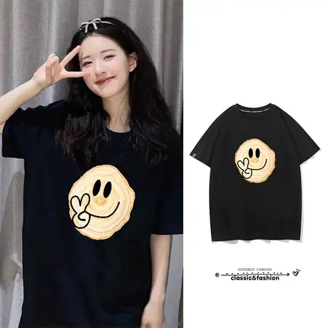 赵露思明星笑脸黑色短袖t恤女2022夏宽松韩版潮oversize上衣商品大图