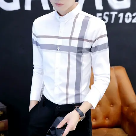 长袖衬衫男士春秋季2023新款商务休闲上衣服青年韩版潮流格子衬衣商品大图