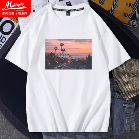 短袖男春秋款港风圆领t恤2023春夏款宽松纯棉ins潮牌打底内搭半袖图片