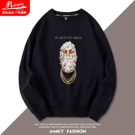 欧美潮牌ins卫衣男黑色圆领oversize大码宽松秋冬加绒无帽上衣服商品大图