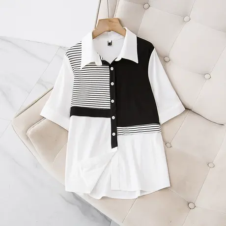 伊自尚2023年新款女装上衣夏季胖mm时尚洋气休闲显瘦拼接衬衫女潮商品大图