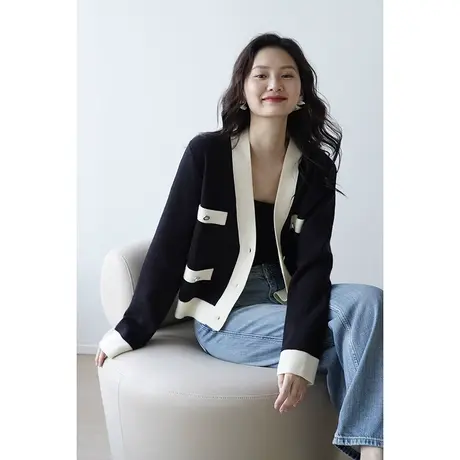 嘉茱莉2023早秋新款韩版小香风针织外套女V领拼色针织短外套上衣商品大图