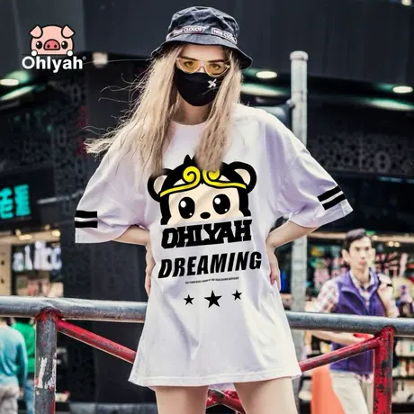 Ohlyah品牌纯棉短袖网红港风大版宽松ins韩潮t恤女装半袖白色大码商品大图