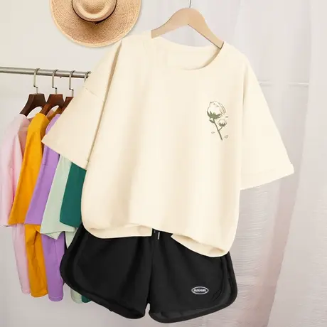 夏季休闲运动套装女新款百搭宽松纯棉上衣初中生短袖短裤两件套装商品大图