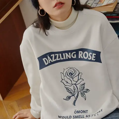 omont蛋挞家 复古花朵印花两穿加绒卫衣女秋冬季宽松oversize上衣商品大图