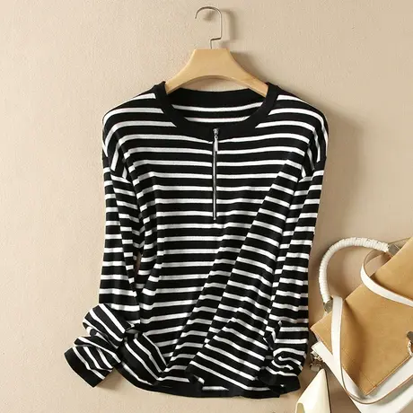 美丽诺羊毛秋装女2023新款毛衣女宽松圆领套头上衣爆款针织打底衫商品大图