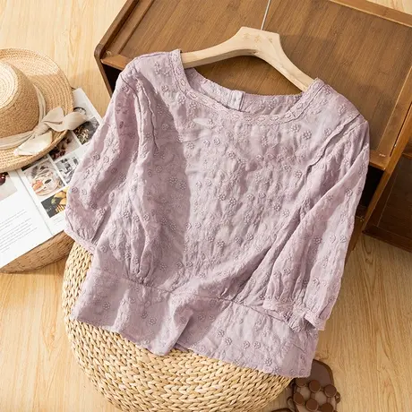 享永子七分袖刺绣苎麻上衣女夏文艺复古宽松小众设计棉麻小衫新款图片