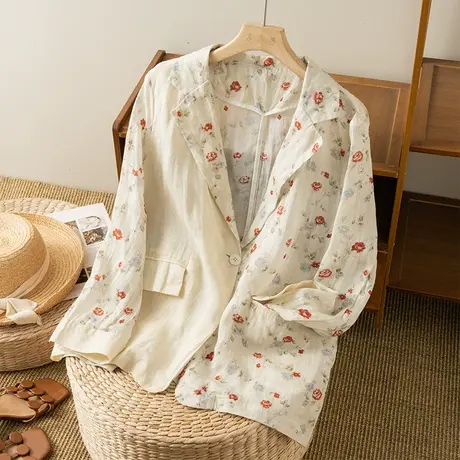 享永子碎花苎麻小西服棉麻西装外套文艺复古宽松休闲2023春夏新款图片