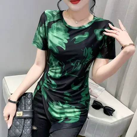 扎染不规则开叉T恤女短袖ins潮性感网纱上衣设计感修身别致小衫夏商品大图