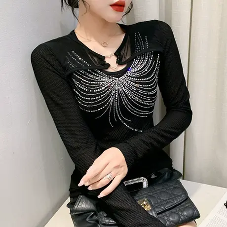 欧货烫钻网纱打底衫女长袖2023秋装新款性感修身上衣百搭气质T恤商品大图