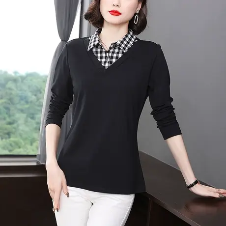 长袖气质T恤女秋装2023新款POLO领衬衫中年妈妈装假两件宽松上衣商品大图