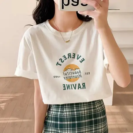 纯棉短袖t恤女2023年夏季新款女装宽松大码简约印花体恤上衣ins潮商品大图