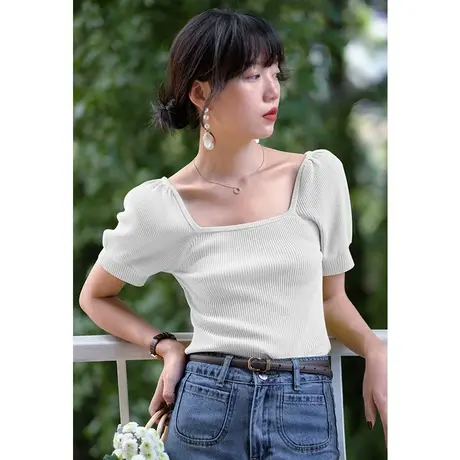 弥古黑色短袖针织大领口t恤女夏法式方领锁骨一字肩露背短款上衣商品大图