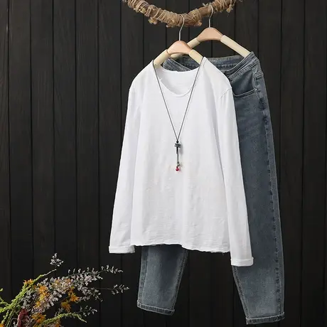 纯色圆领竹节棉t恤女长袖秋季2022新款宽松休闲百搭舒适套头上衣图片
