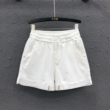 欧货2023夏季白色烫钻松紧腰宽松显瘦休闲百搭牛仔短裤女阔腿热裤图片