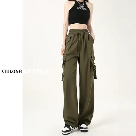 军绿工装裤女春秋季款2023年新款直筒裤子潮辣妹宽松牛仔阔腿裤子图片