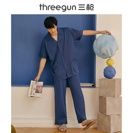 三枪睡衣男舒适水柔棉开襟翻领格纹休闲秋冬新品男士家居套装商品大图