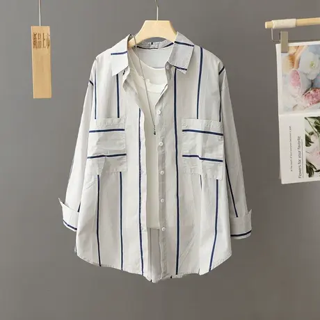 休闲条纹衬衫式外套女春秋季2023新款薄款开衫长袖衬衣宽松上衣潮图片