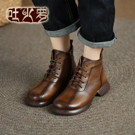 吐火罗22年秋冬新款英伦风短靴圆头牛皮舒适百搭系带时尚马丁靴女商品大图
