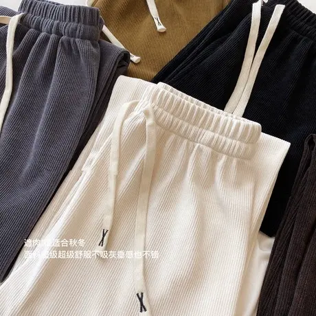 甜心辣妹~ins少女早秋新款优质灯芯绒系带竖纹显瘦直筒阔腿长裤M商品大图