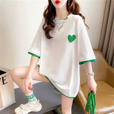 设计感小众短袖t恤女夏季韩版宽松大码女装中长款ins假两件上衣服商品大图