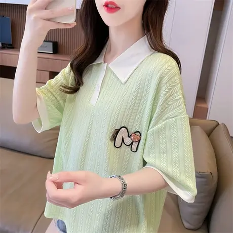小众设计感短袖t恤女夏季韩版宽松大码polo领小个子假两件上衣服商品大图