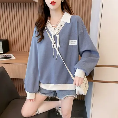 早秋撞色polo领卫衣女春秋韩版宽松薄款小个子绑带假两件上衣外套商品大图
