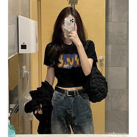 纯棉甜辣妹正肩短袖t恤女夏季修身显瘦小众独特别致短款绝美上衣图片