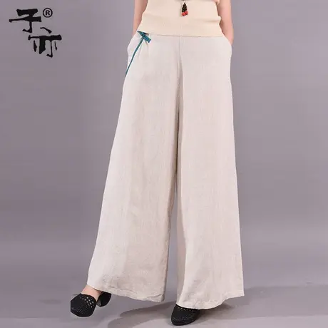 子亦夏装新款民族风复古盘扣亚麻阔腿裤气质纯色松紧休闲裤子商品大图