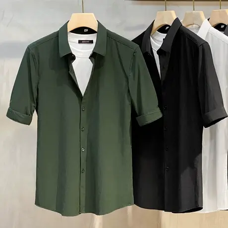 男士短袖衬衫商务正装休闲韩版修身潮流五分中袖白衬衣男夏季薄款商品大图