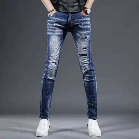 春季破洞补丁牛仔裤男2023新款潮牌蓝色修身小脚弹力男士薄款裤子商品大图