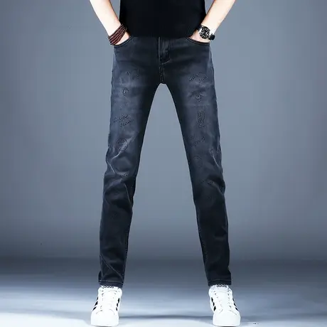 高端烟灰色牛仔裤男款修身小脚2023新款裤子休闲弹力男裤潮牌潮流商品大图