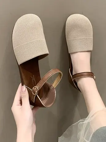 夏季百搭牛筋软底针织包头凉鞋女款平底透气复古文艺一字扣带单鞋商品大图