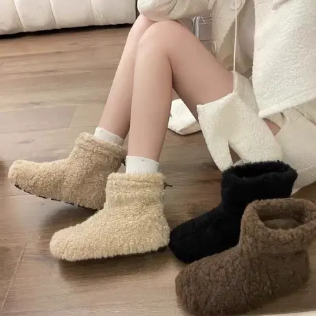 加绒保暖毛毛鞋女秋冬季外穿2023新款羊羔毛短靴可爱白色雪地棉靴图片