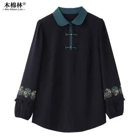大码女装加肥加大码时髦洋气新中式刺绣上衣胖mm宽松国风衬衣T恤商品大图