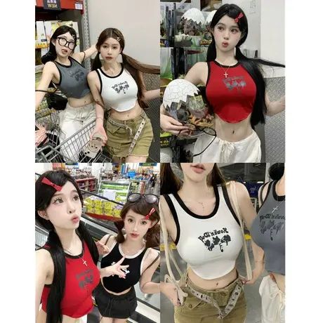 复古运动工字小背心吊带女夏季美式内搭外穿短款黑色坎肩无袖上衣商品大图